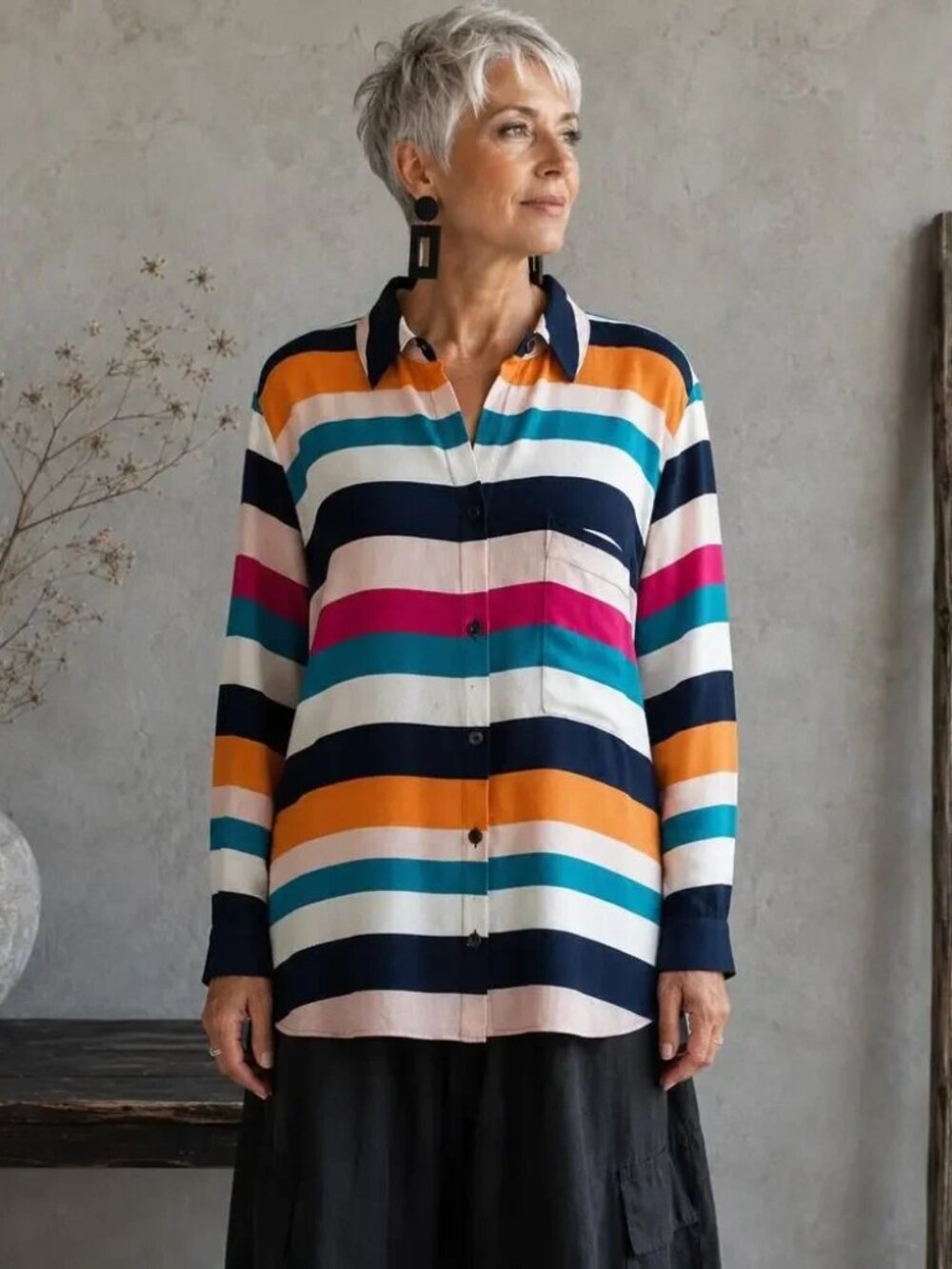 Chico’s Mutli Color‎ Striped Long Sleeve Button Up Tunic Top